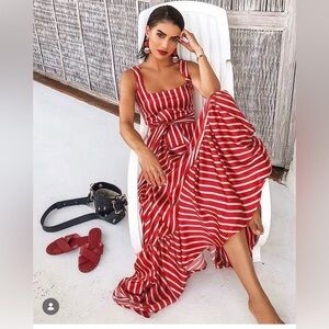 Samantha tiered striped silk-blend satin midi dress